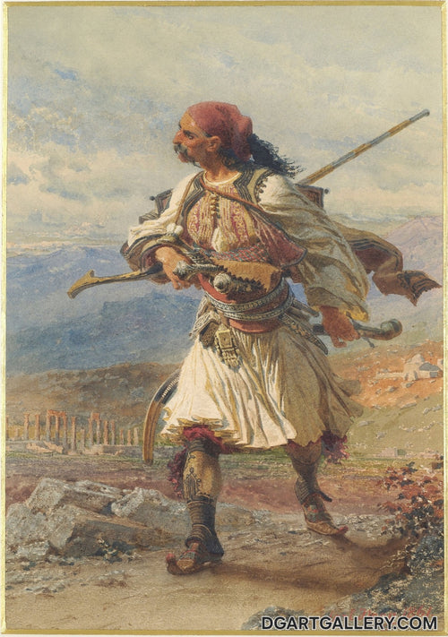 Artist : Carl Haag  [ 1820 - 1915 ]
Object type : Painting 
Description : Depiction of an Arvanite warrior with Albanian traditional     clothing and equipment.
Date : 1861
Dimensions : height: 350 mm (13.77 in); width: 250 mm (9.84 in)